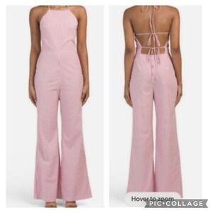 WAYF Charlize Red White Candy Stripe Backless Flare Leg Jumpsuit Medium